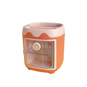 Cute pig-themed desktop organizer with multi-grid storage and transparent door for students