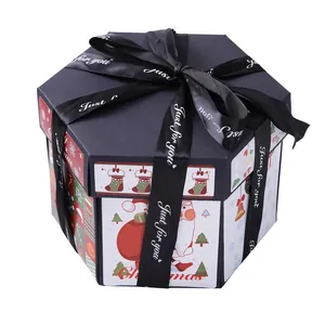 DIY Hexágono Caja de Explosión Sorpresa Caja de Regalo Hecha a Mano Álbum de Fotos Multicapa Para Cumpleaños San Valentín Aniversario Celebración Negro Cartulina Caja