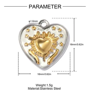 Macro detail of two-tone stainless steel heart pendant with size and weight parameters