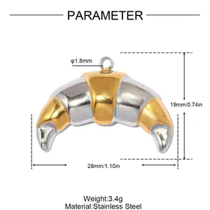 Detailed technical dimension view of two-tone croissant pendant in stainless steel