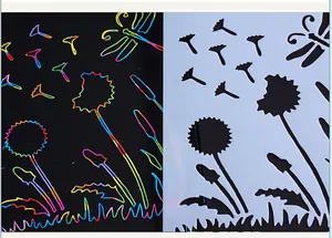 Detail view of DIY scratch painting stencil with dandelion and dragonfly designs.