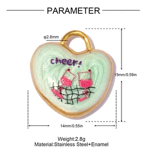 Detail view of heart enamel pendant showing 15mm height and stainless steel material