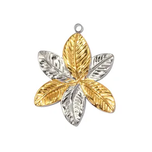 Detail of two-tone gold and silver stainless steel flower leaf pendant for DIY jewelry