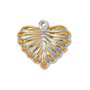 Detailed macro view of a two-tone stainless steel heart pendant with ribbed texture