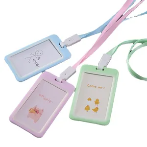 Three colorful cartoon lanyard card holders for student ID badges and commuter cards