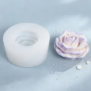 Detail showing a 3D rose silicone mold and its elegant purple flower soap finished product.