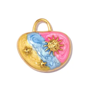 Close-up of sun and stars detail on the colorful enamel stainless steel heart pendant