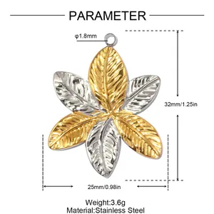 Two-tone stainless steel leaf flower pendant detail showing dimensions and 3.6g weight