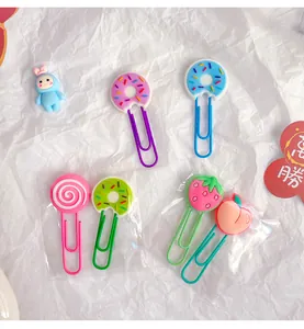 Detailed view of colorful cartoon paper clips featuring donut, strawberry, and peach shapes