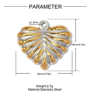 Detail view of a bicolor gold-plated stainless steel heart pendant with measurements.