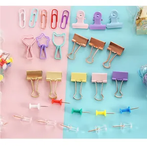 Colorful macaron stationery set featuring binder clips, shaped paper clips and push pins.