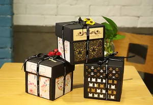 Vista detallada de tres cajas de explosión creativas con diversos patrones decorativos
