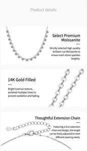 Detailed view of 14k gold-filled chain and brilliant-cut moissanite stones on necklace.