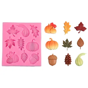 Detailed view of harvest theme silicone mold featuring pumpkin acorn and maple leaf shapes