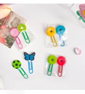 Detail of cute cartoon paper clips featuring lollipop and butterfly shapes in packaging.