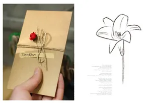 Retro kraft paper greeting card with handmade dried red rose and rustic twine detail