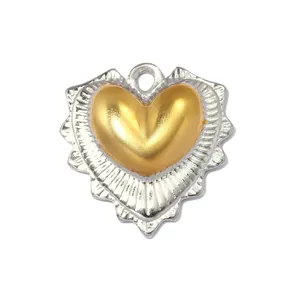 Close-up detail of a two-tone stainless steel heart pendant with a sun-shaped textured border.
