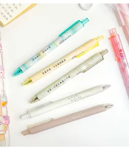 Detailed view of five colorful retractable gel pens with elegant Chinese inscriptions