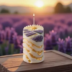 Detailed view of creative lavender scented candle with gold accents in a sunset field scene