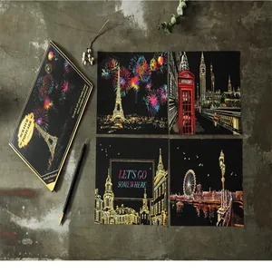 Creative city night scene scratch-off postcard set with landmarks macro detail