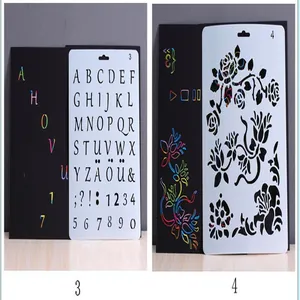DIY scratch drawing hollow stencils featuring alphabet and floral patterns for art projects
