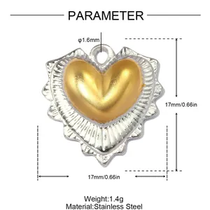 Macro view of two-tone heart pendant showing 17mm size and stainless steel material