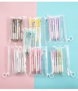 Detailed view of color-coordinated retractable gel pens in clear zipper pouches