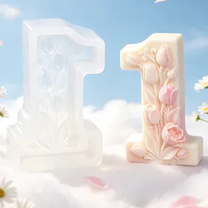 Detail view of number 1 silicone candle mold with intricate floral tulip carving