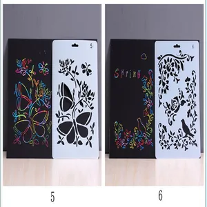 Detailed view of DIY scratch painting stencils featuring butterfly and bird floral patterns.