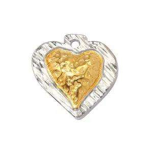 Close-up detail of a two-tone stainless steel heart pendant with a unique hammered texture.