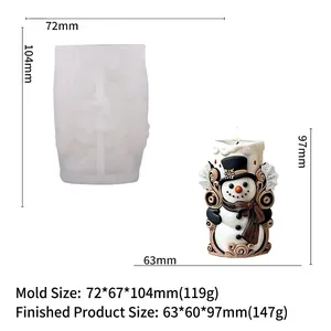 Detaillierte Maße und fertige Produktansicht der 3D-Schneemann-Silikonform für Kerzen