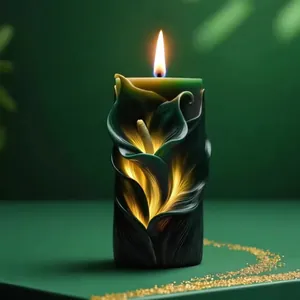 Elegant dark green aromatherapy candle with detailed 3D calla lily flower relief design