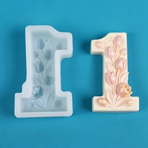 Detail of number 1 floral silicone candle mold with dimensions and finished candle.