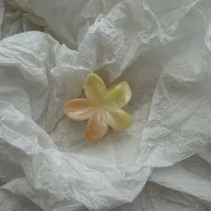 Gedetailleerd overzicht van een elegante frangipani-bloem haarklem met gradiënt