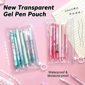 Set of 6 colorful retractable gel pens in a transparent waterproof stationery pouch