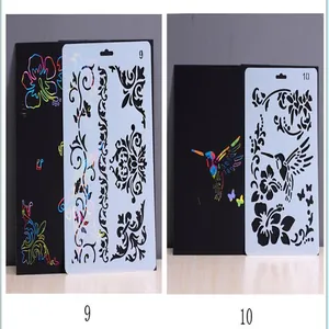 Detail view of DIY hollow stencil set with floral patterns and rainbow scratch art paper
