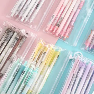 Set of 6 retractable gel pens in transparent zipper pouch, pastel colors for school.