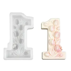 Number 1 silicone candle mold featuring intricate 3D tulip floral embossed design