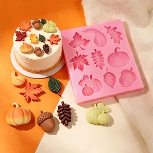 Autumn Harvest Theme Silicone Mold Pumpkin Maple Leaf Acorn Pine Nut Fondant Cake Decoration Mold DIY Baking Tools Pink