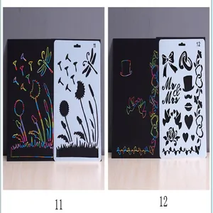 Detailed view of DIY scratch art stencils with dandelion and wedding themes for creative drawing