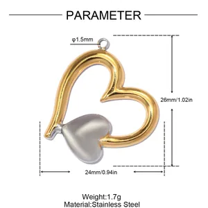 Detail of two-tone stainless steel heart pendant with dimensions and material specs