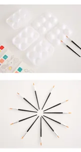 Detail view of 6-well white paint palettes and fine watercolor brushes for creative DIY art