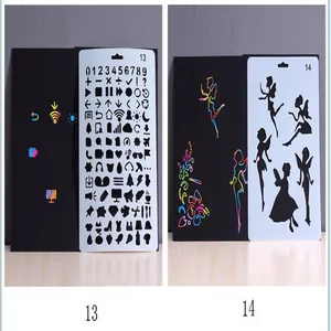Detail view of DIY hollow scratch drawing stencils with fairy and numeric symbol patterns