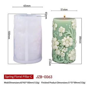 Detailed dimensions of cylinder floral relief candle silicone mold and finished product