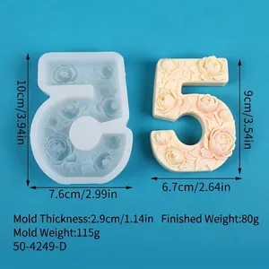 Detaillierte Größen und Gewichtsangaben für die Silikonform für florale Zahlenkerzen Nr. 5