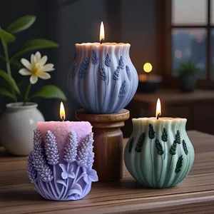 Decorative lavender aromatherapy candles with intricate floral textures on a wooden table.