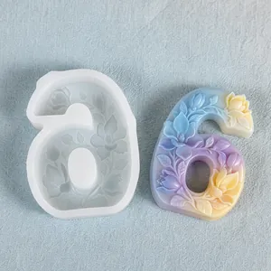 Detailed close-up view of a floral relief number 6 silicone mold with a colorful resin sample
