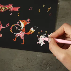 Pink plastic scratch pen tool with colorful animal cartoon art paper for children
