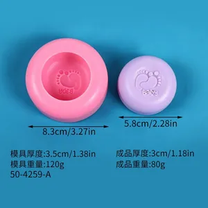 Detailed size specifications for round baby footprint silicone mold and finished soap