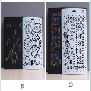 Detailed macro view showing patterns of DIY scratch art hollow stencils for creative painting